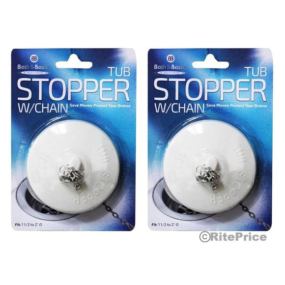 Bath Tub Drain Stopper with Chain, Rubber Material, (White Color) (2 Pack) - Picture 2 of 3